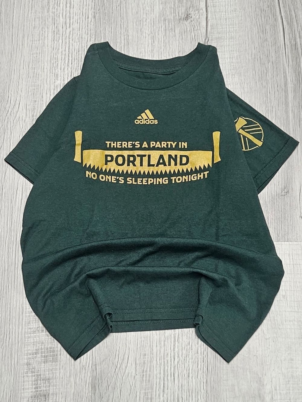 adidas Green Kids Portland Graphic Tee with Gold Print
